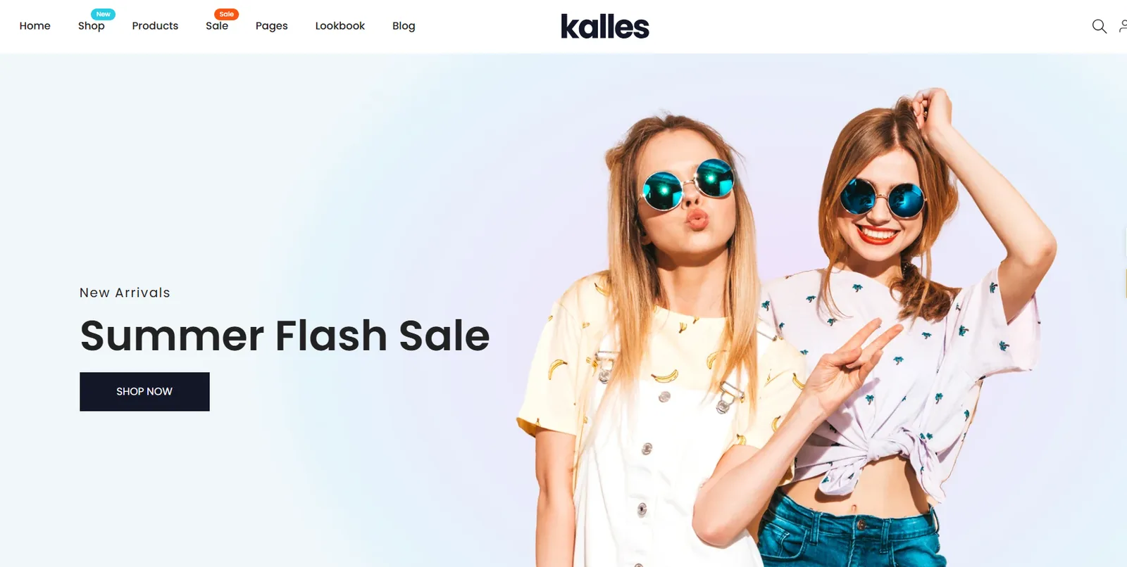 Kalles fashion theme homepage with a Summer Flash Sale hero and Shop Now button
