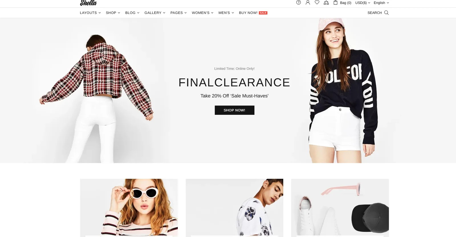 Shella fashion theme homepage with a Final Clearance hero banner