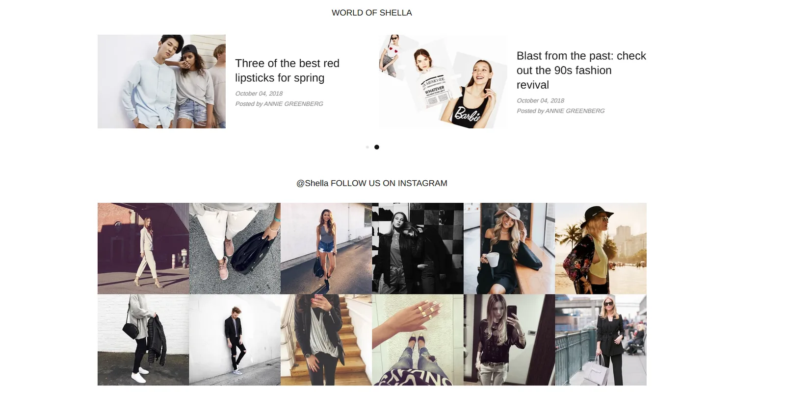 Shella blog posts section and Instagram feed gallery
