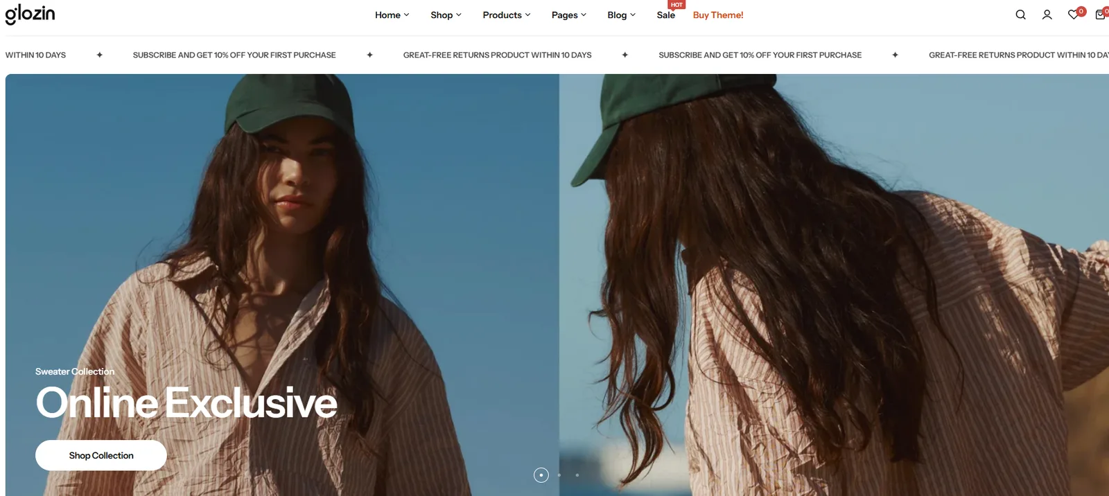 Glozin fashion theme homepage with an Online Exclusive hero and Shop Collection button