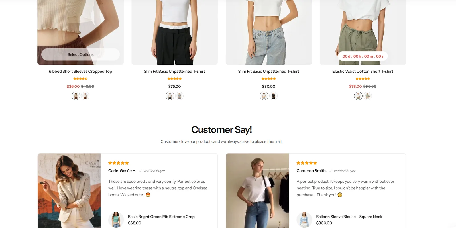 Glozin product cards and a Customer Say review section with photos