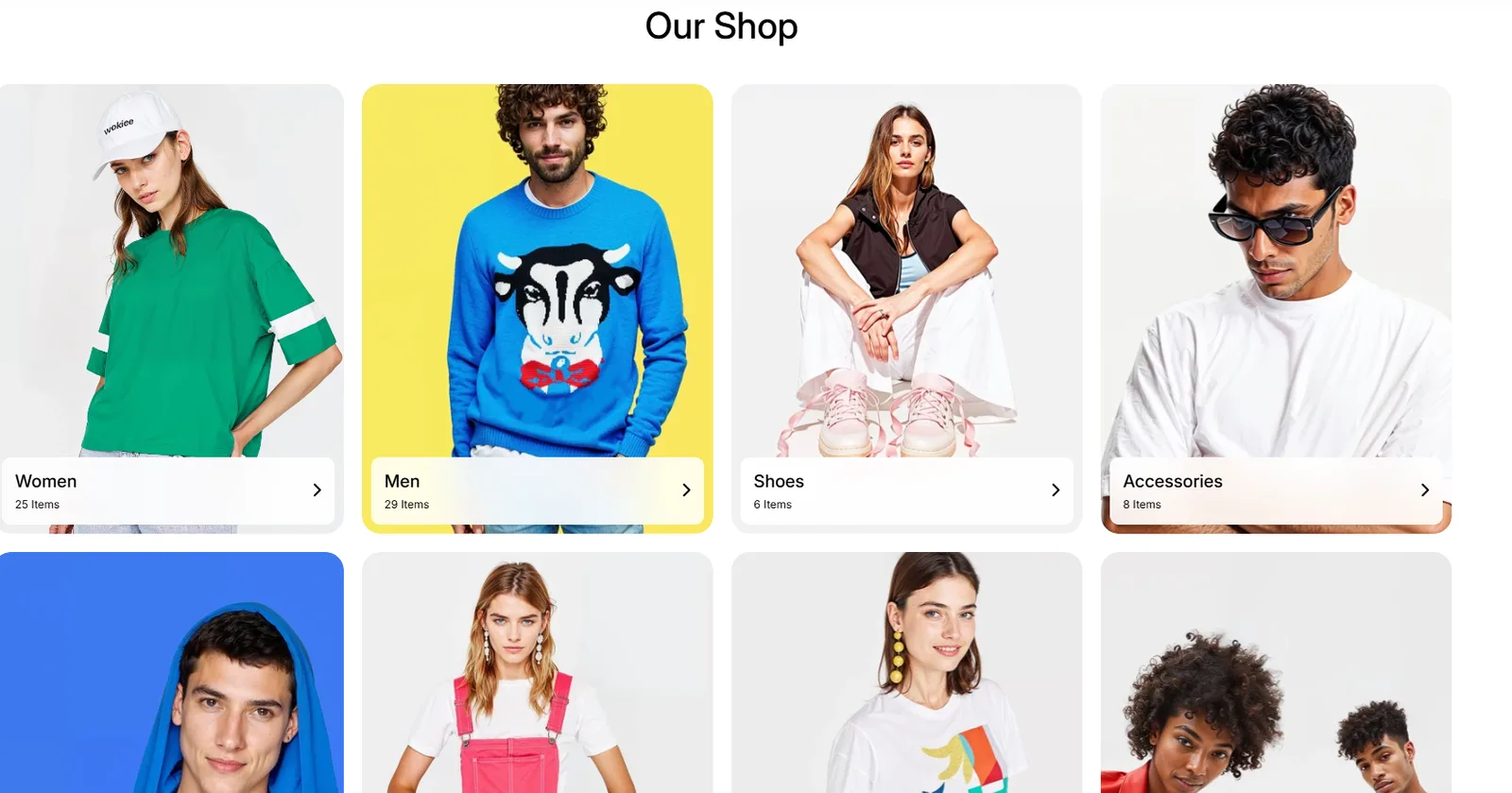 Wokiee Our Shop section with women, men, shoes and accessories categories