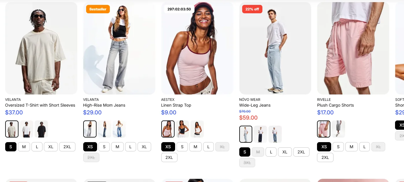 Wokiee product grid with prices, color swatches and size options