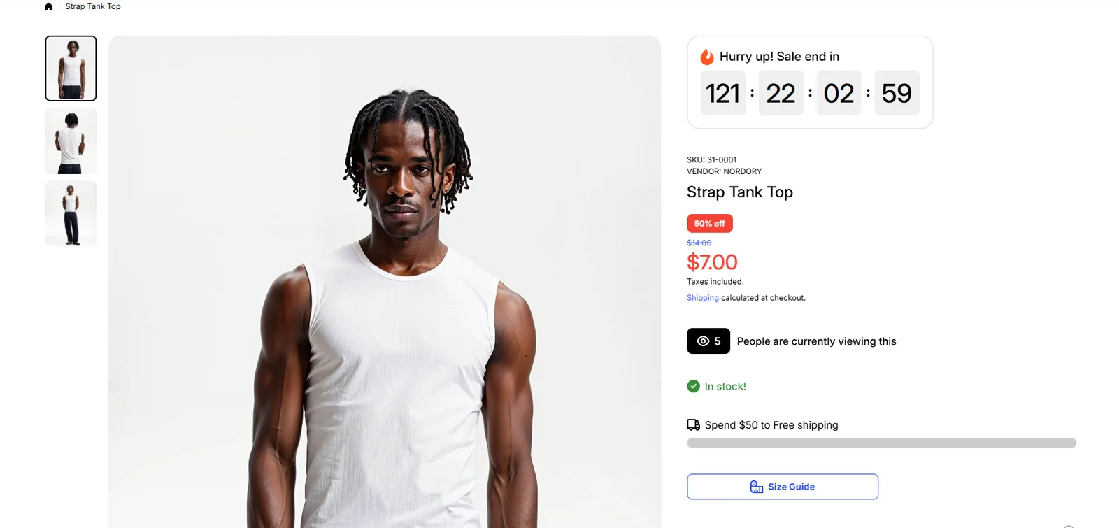 Wokiee product page with a sale countdown timer, size guide and shipping progress bar