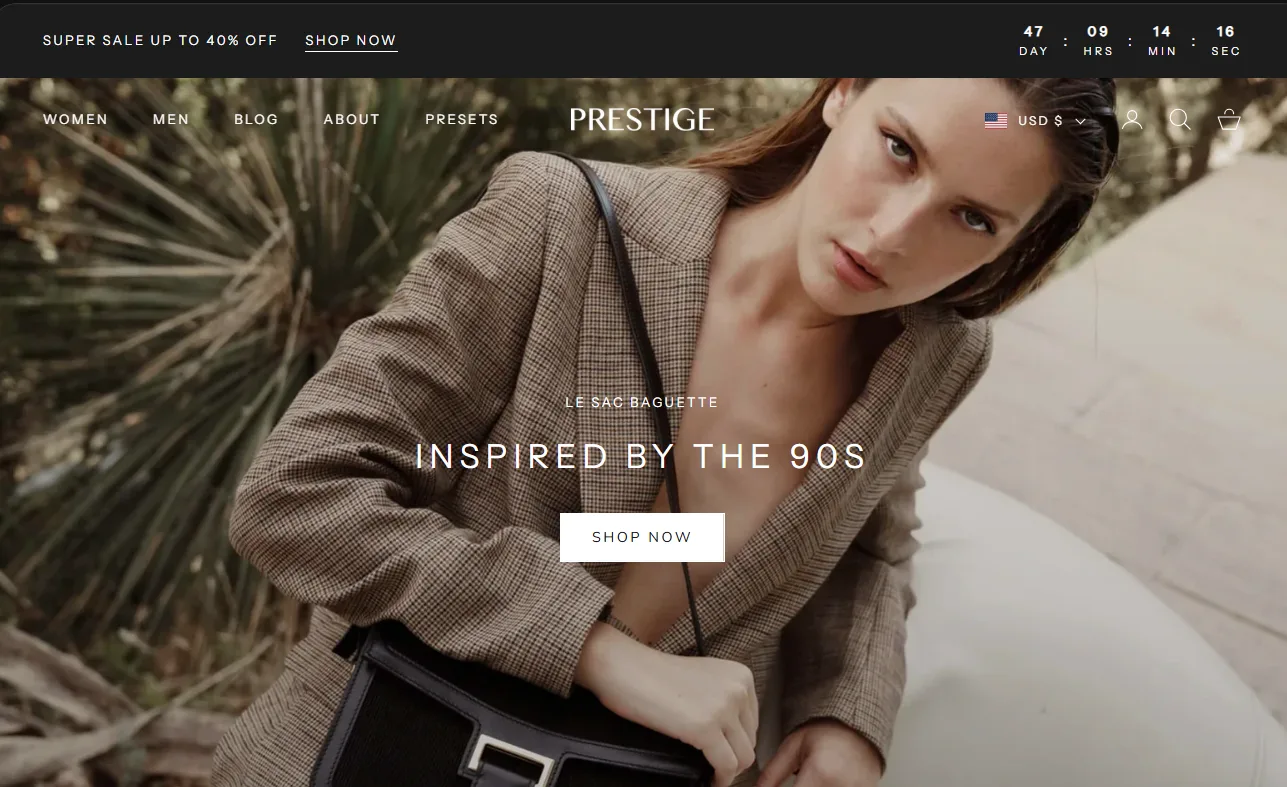 Prestige luxury fashion homepage with an Inspired by the 90s hero