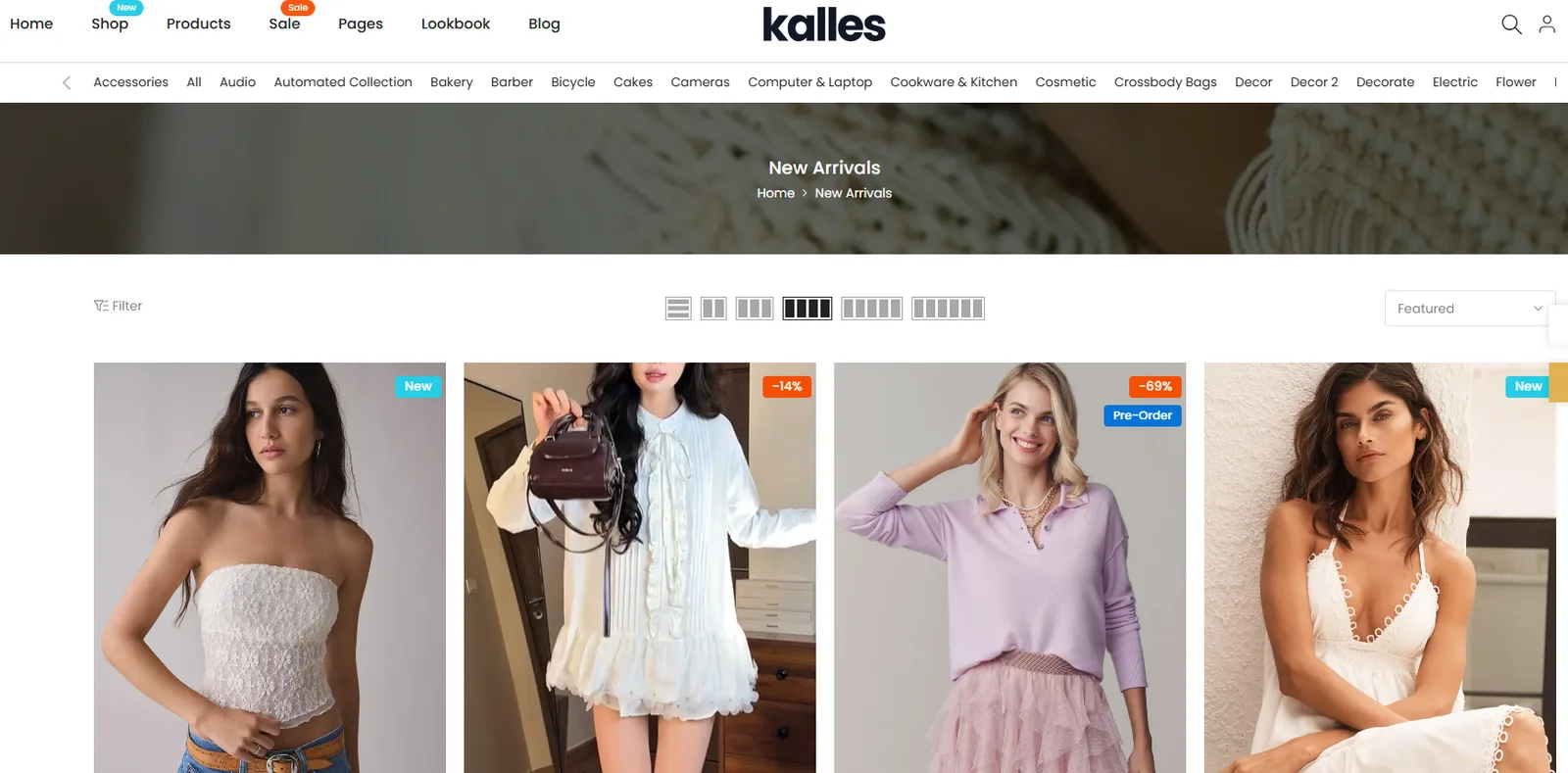 Kalles New Arrivals collection page with product grid, filters and sale badges