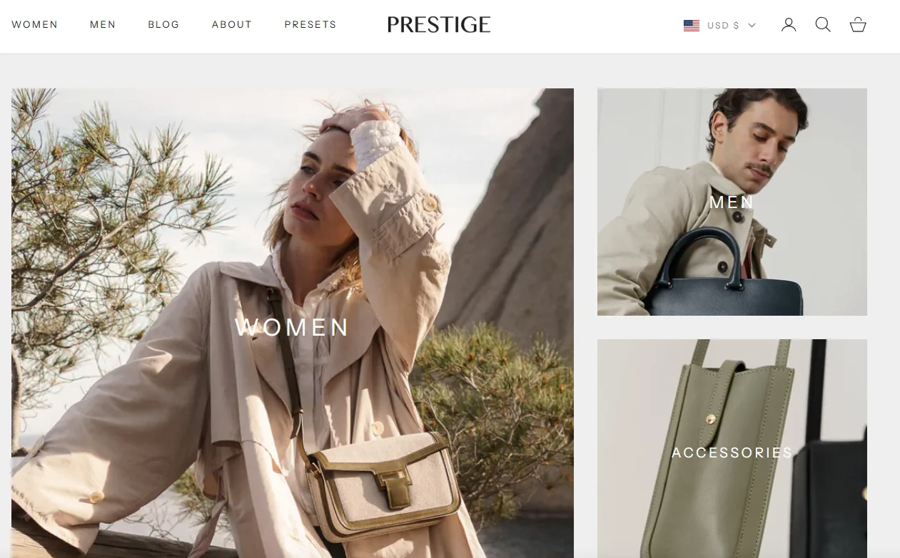 Prestige editorial category layout for women, men and accessories