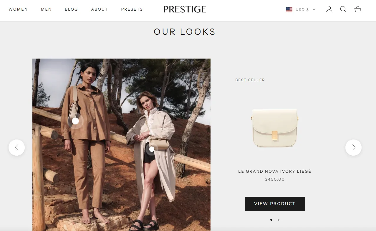 Prestige Our Looks slider with a featured best seller handbag