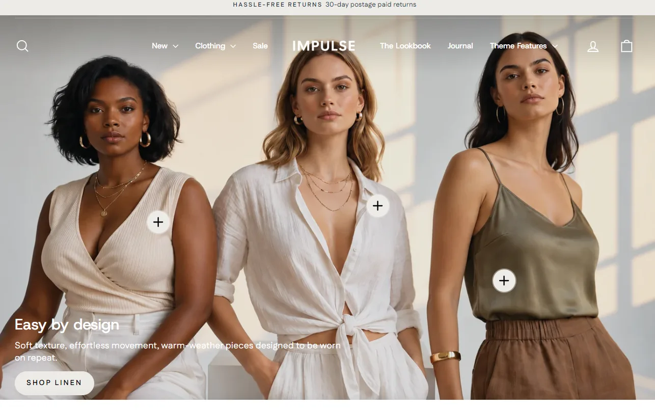 Impulse fashion theme homepage with shoppable hotspots on an Easy by Design hero