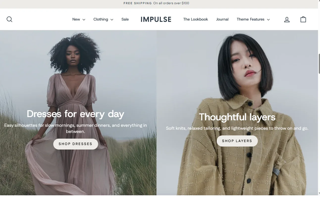 Impulse promotional banners for everyday dresses and thoughtful layers