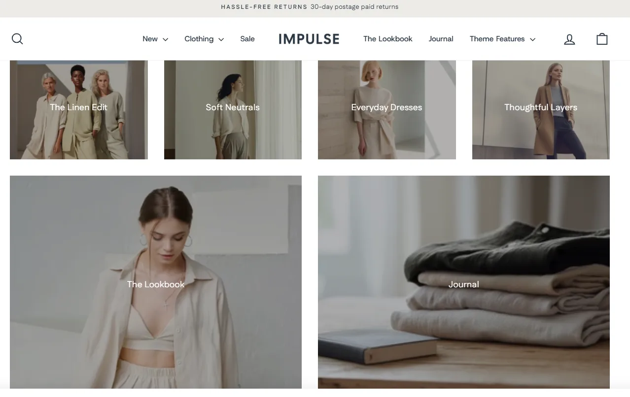 Impulse collection tiles linking to the lookbook and journal