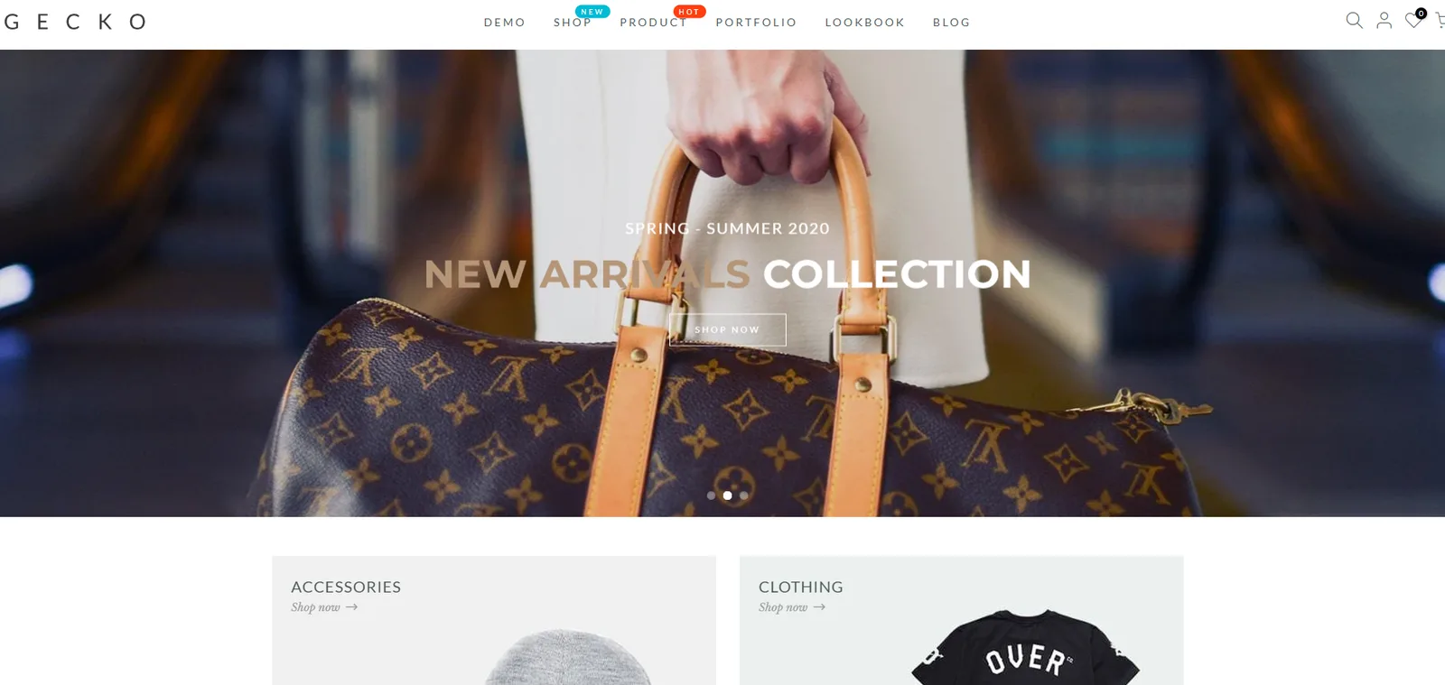 Gecko New Arrivals collection hero with accessories and clothing categories