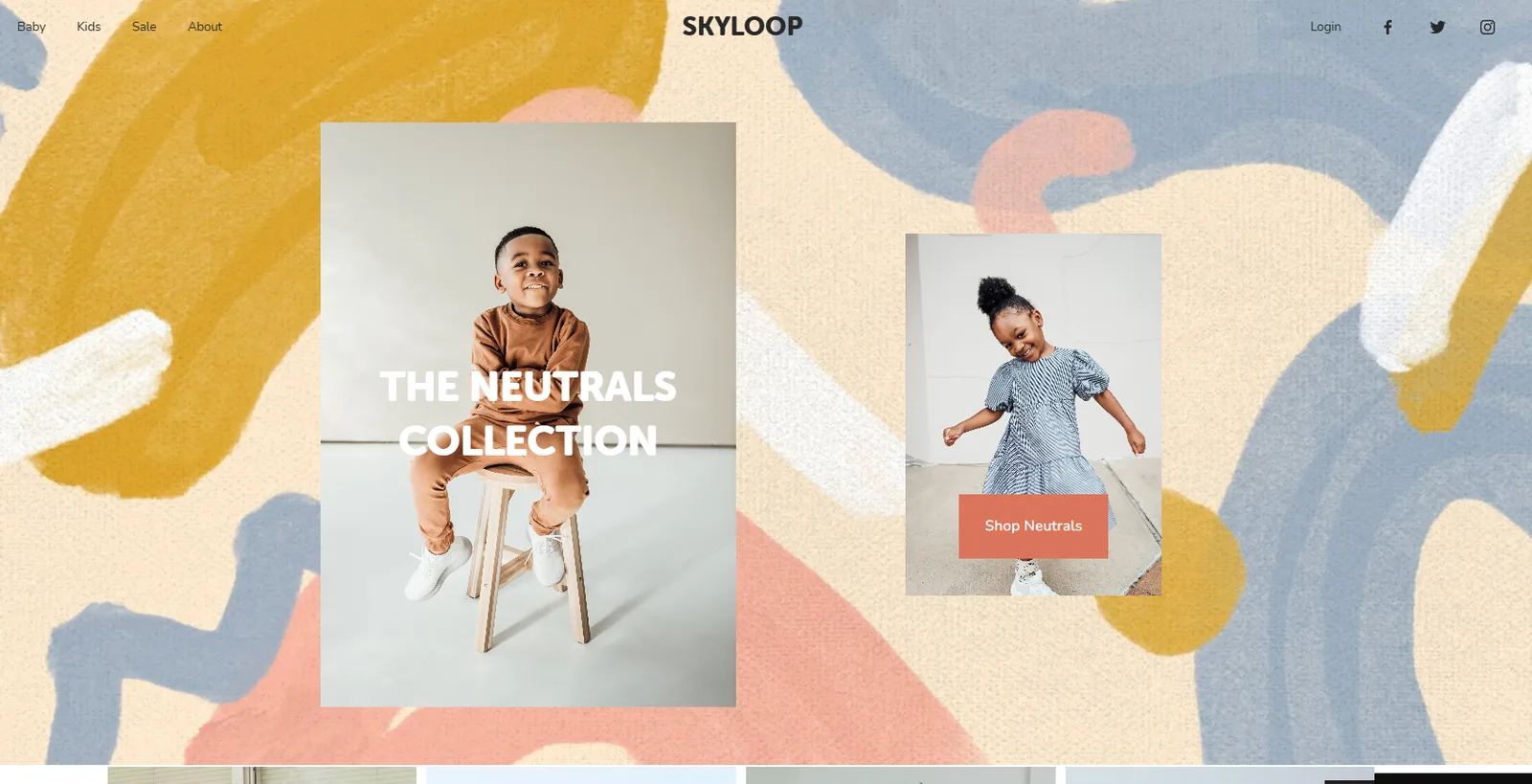 Skyloop children's fashion homepage with The Neutrals Collection hero