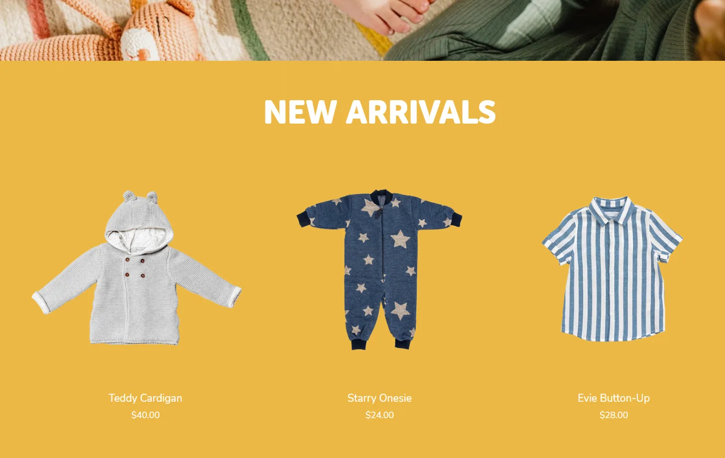 Skyloop New Arrivals section with children's clothing on a yellow background