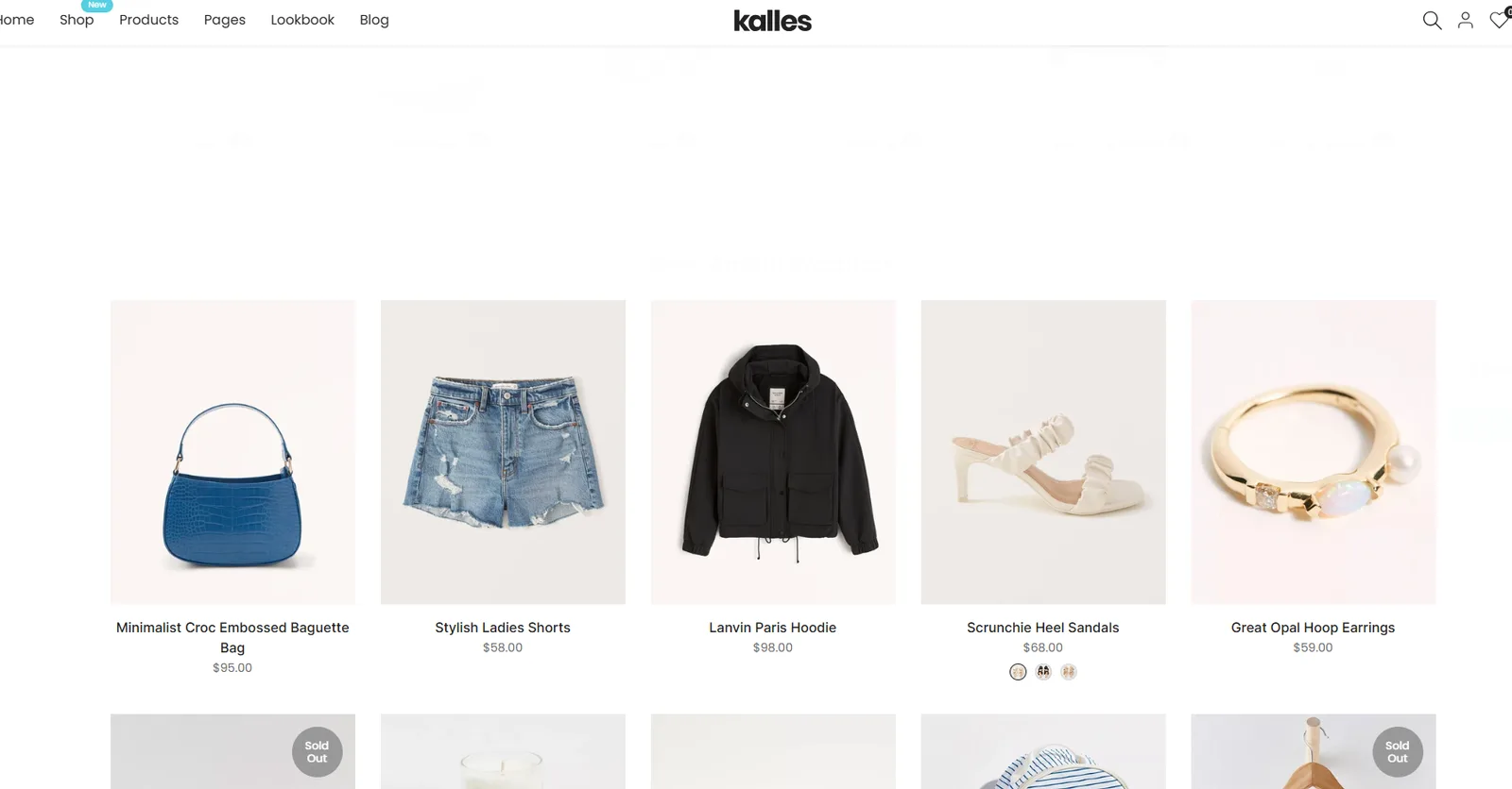 Kalles product grid showing bags, denim shorts, jackets, heels and jewelry
