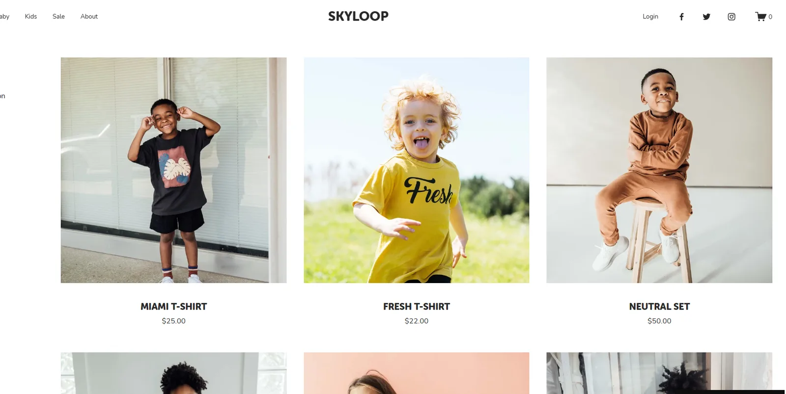 Skyloop kidswear product grid with t-shirts and a neutral set