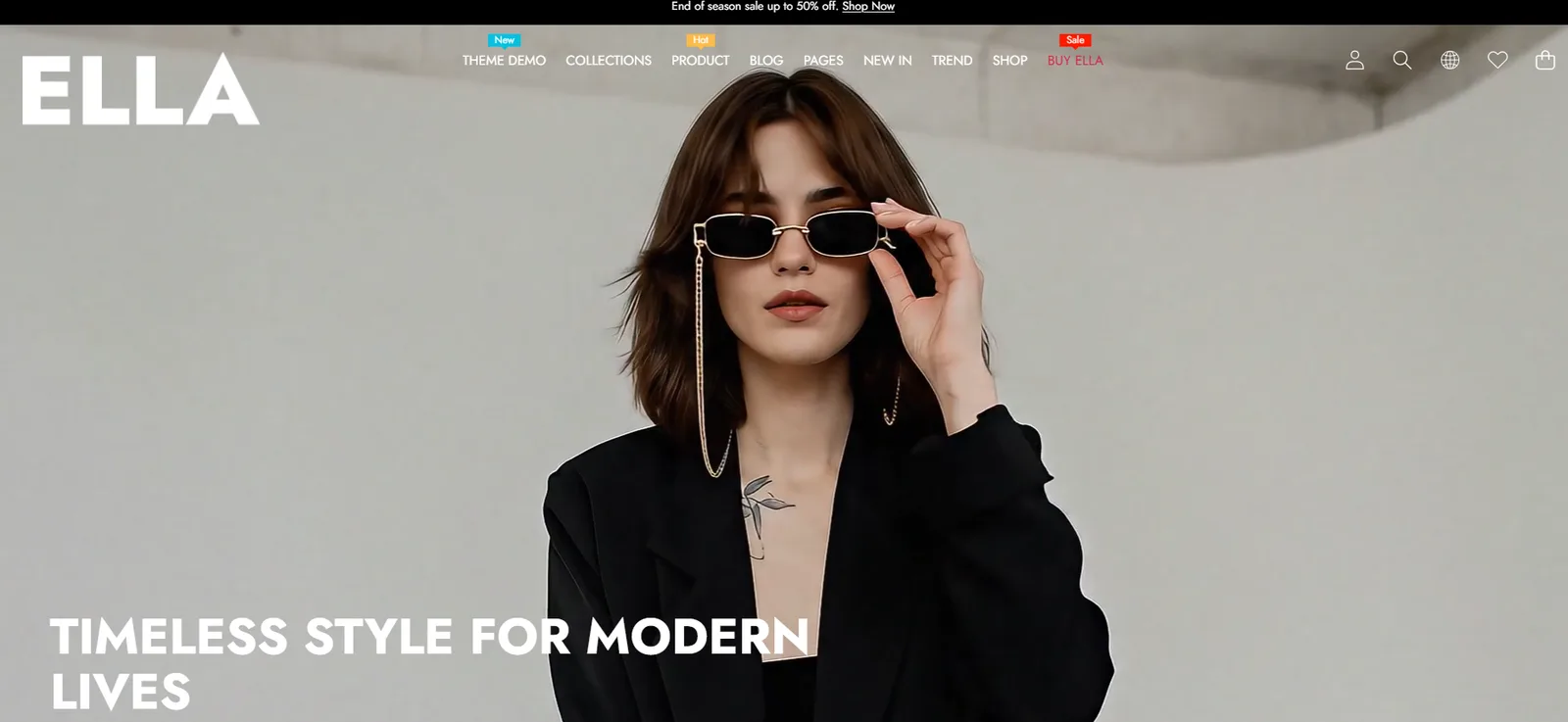 Ella fashion theme homepage with a Timeless Style for Modern Lives hero