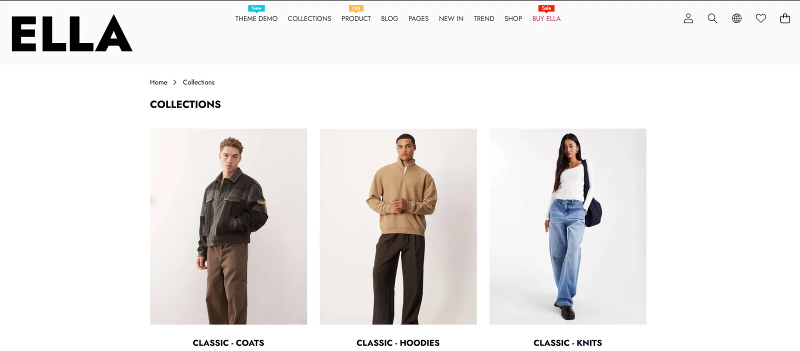Ella collections page with classic coats, hoodies and knits categories