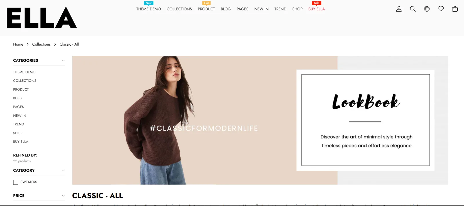 Ella category page with a sidebar filter and a lookbook banner