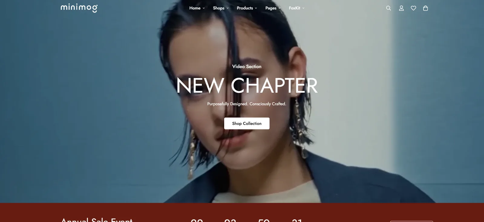 Minimog fashion theme homepage with a New Chapter video hero