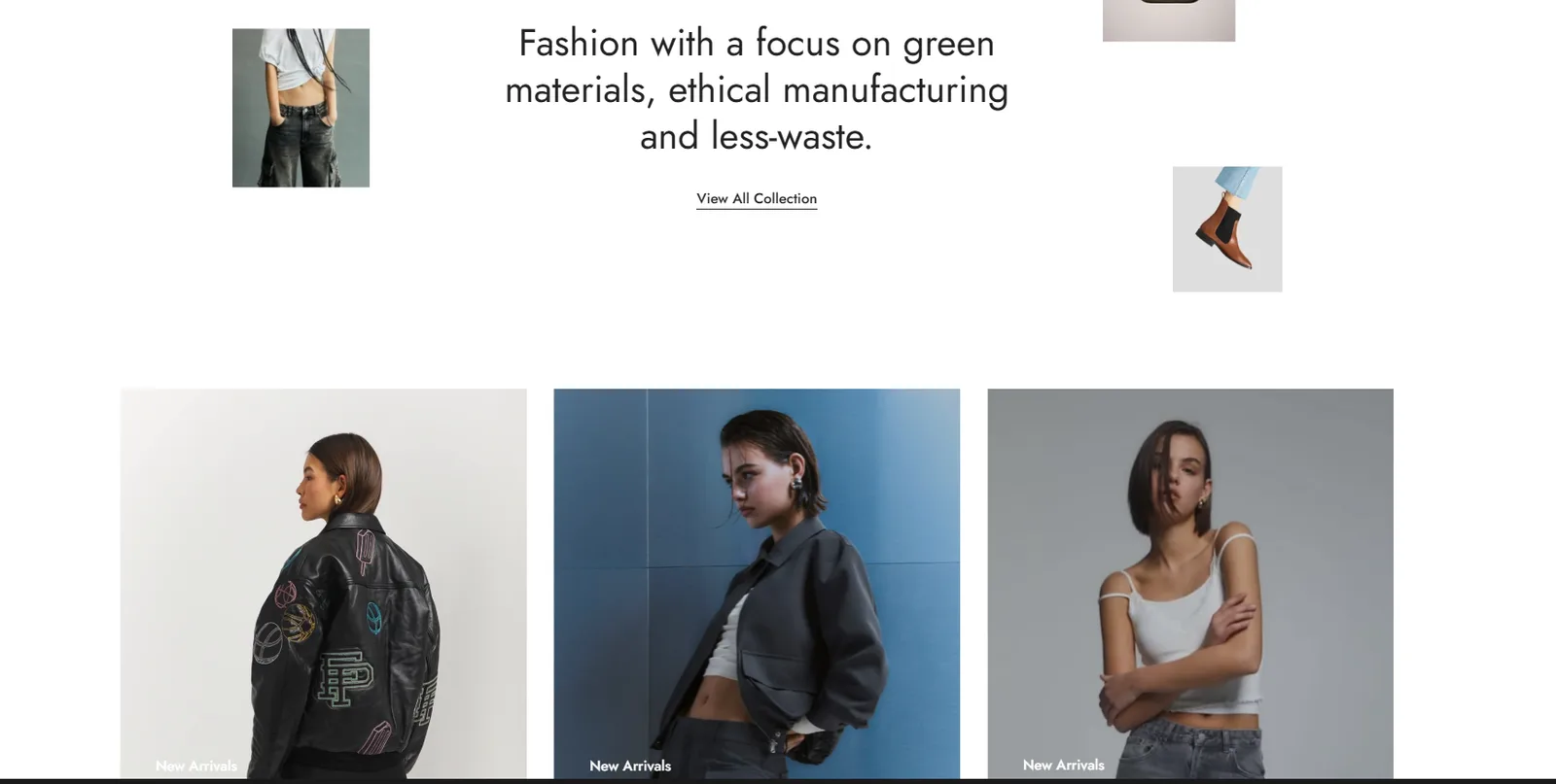 Minimog section about sustainable fashion with new arrivals product photos