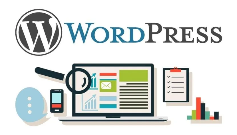 WordPress logo with a content management dashboard illustration