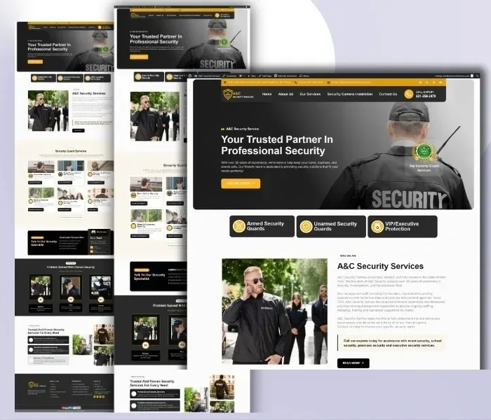 Security company website with service pages for armed guards, unarmed guards and executive protection