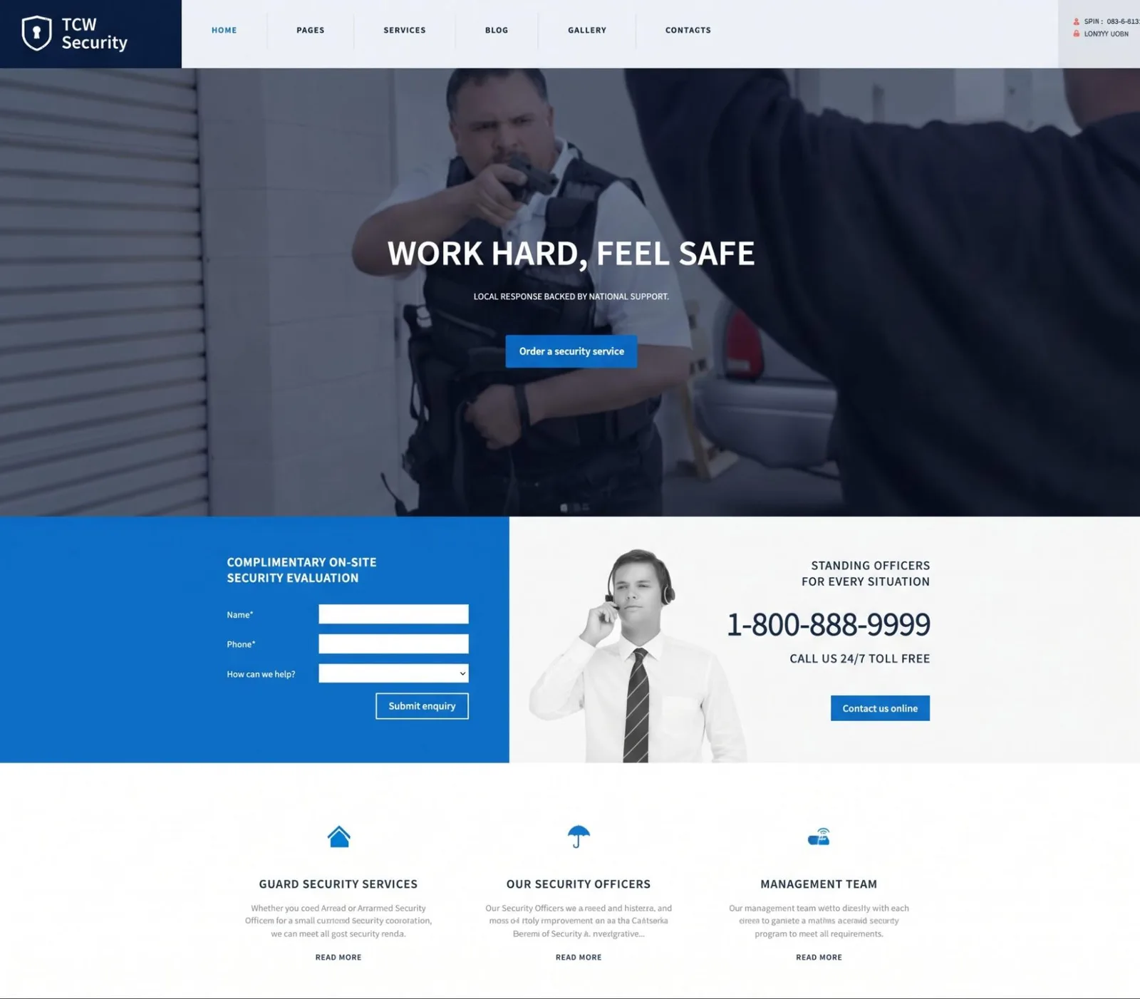 Security services homepage with a hero banner, enquiry form and call-to-action buttons