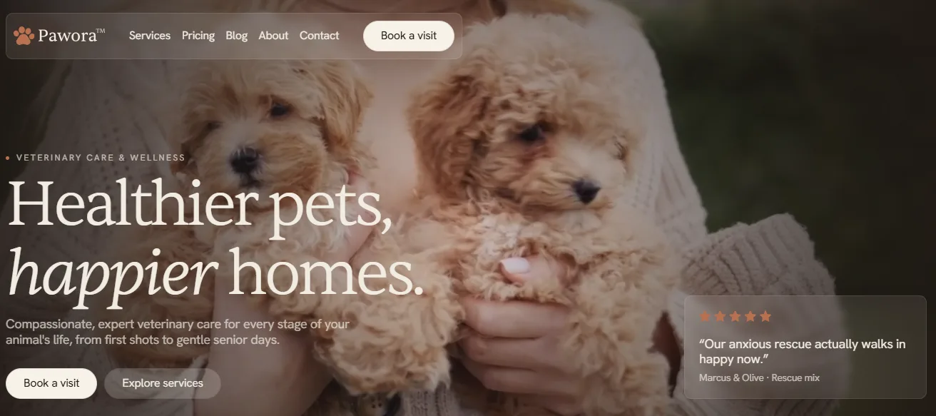 Pawora veterinary clinic homepage with a Healthier pets, happier homes hero and puppies