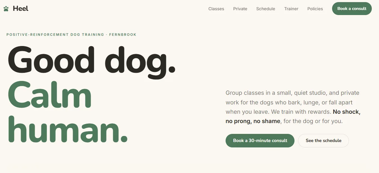 Heel dog training homepage with a Good dog. Calm human. hero and consult button