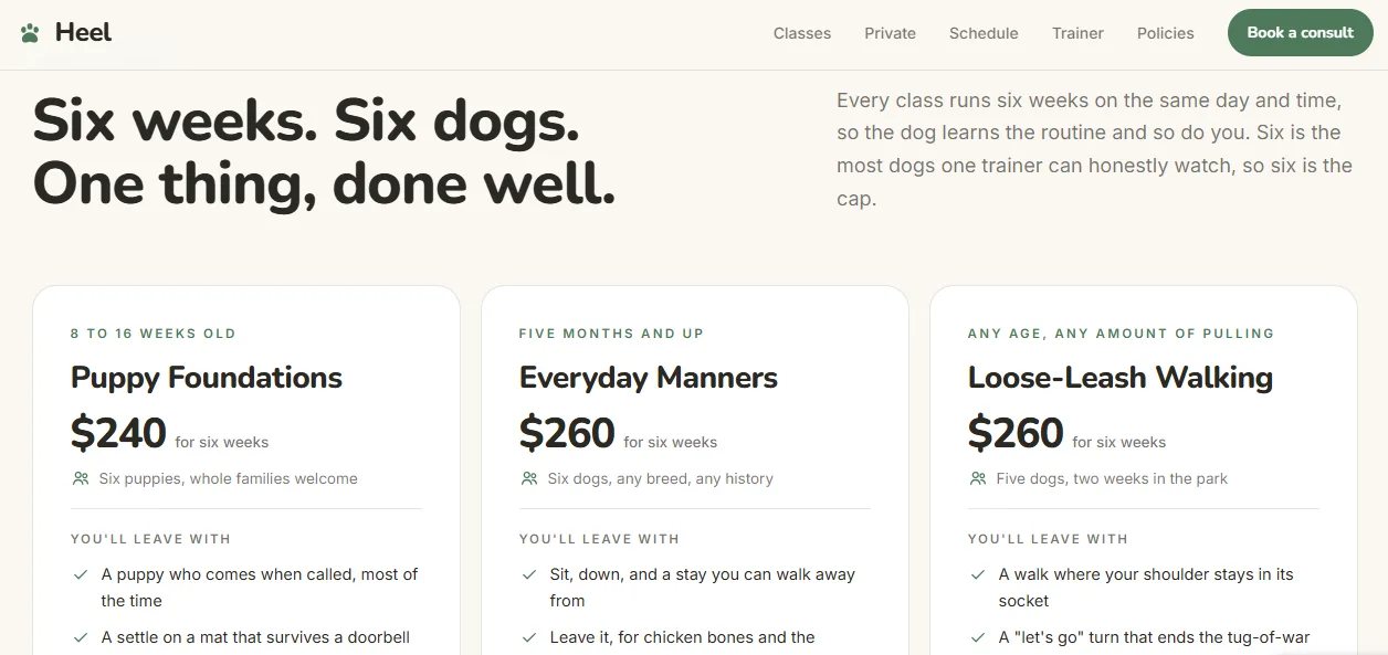 Heel training class cards with prices for puppy foundations, everyday manners and loose-leash walking