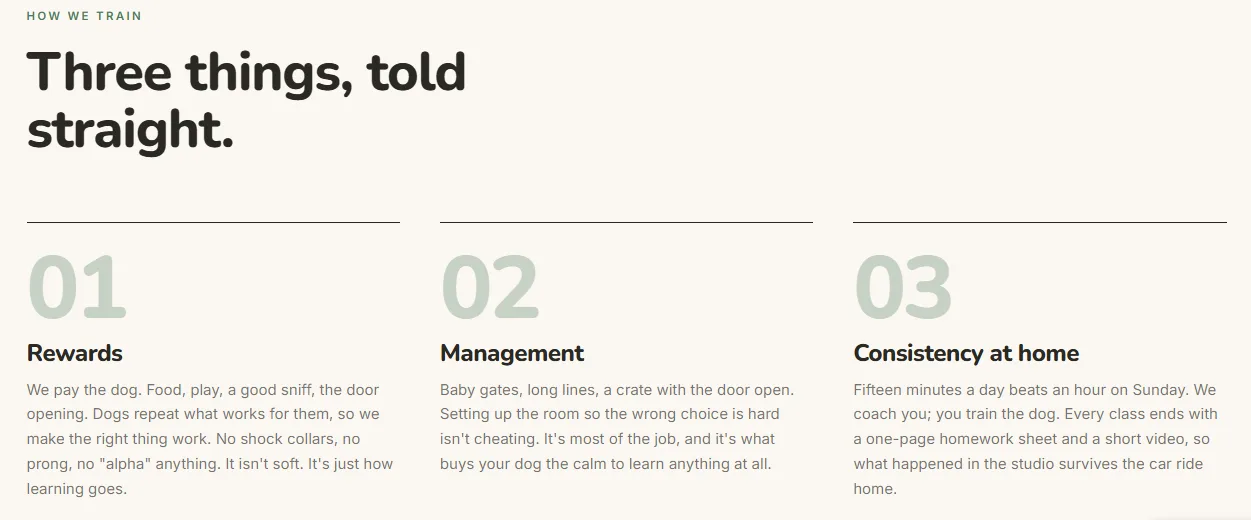 Heel How we train section covering rewards, management and consistency at home