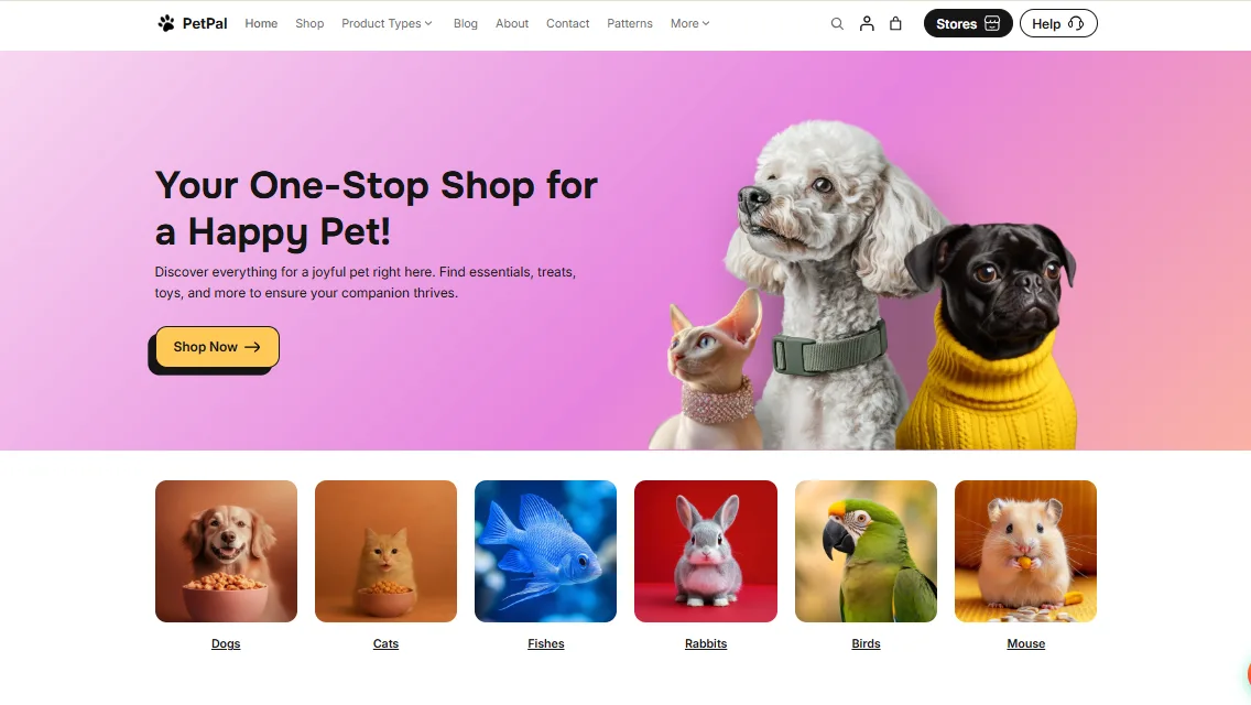 PetPal pet boutique homepage with a One-Stop Shop for a Happy Pet hero and pet categories