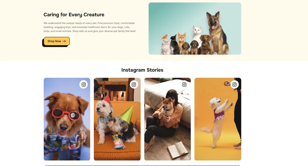 PetPal Caring for Every Creature banner and Instagram stories gallery