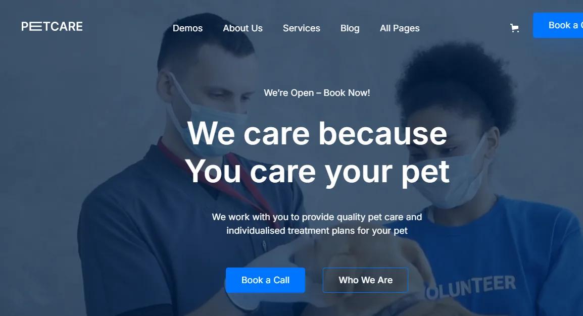 Petcare veterinary homepage with a We care because you care your pet hero and Book a Call button