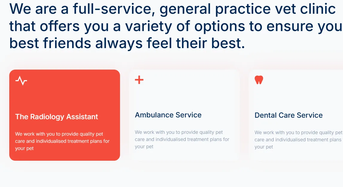 Petcare vet clinic services cards for radiology, ambulance and dental care
