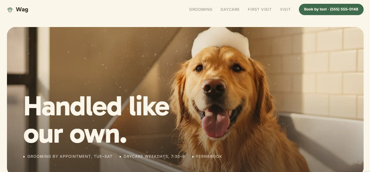 Wag mobile pet service homepage with a Handled like our own hero and a golden retriever in a bath