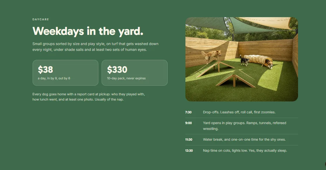 Wag Weekdays in the yard daycare section with prices and a daily schedule