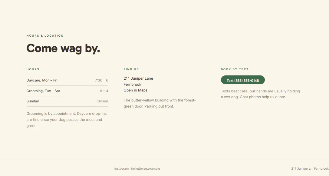 Wag hours and location section with a book by text button