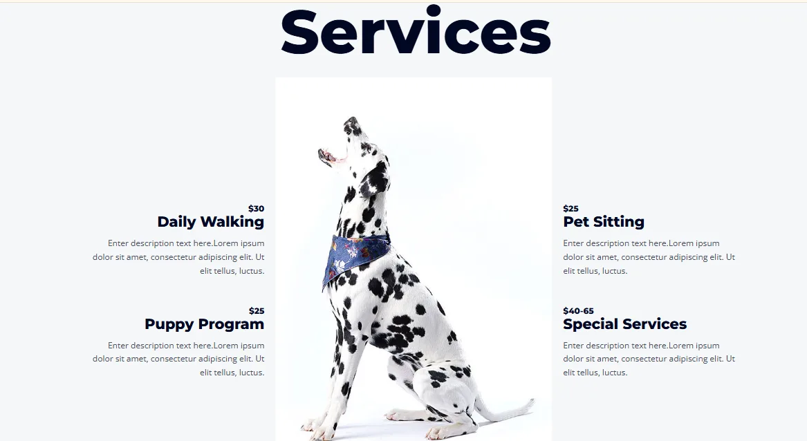 Busy Pets services menu with prices for walking, pet sitting, puppy program and special services