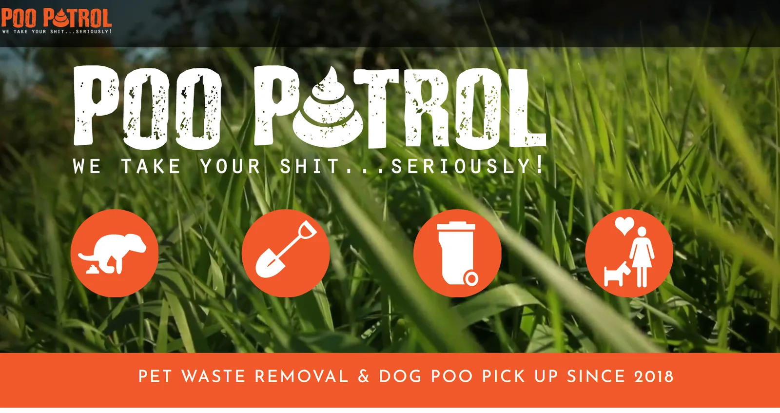 Poo Patrol pet waste removal homepage with service icons over grass