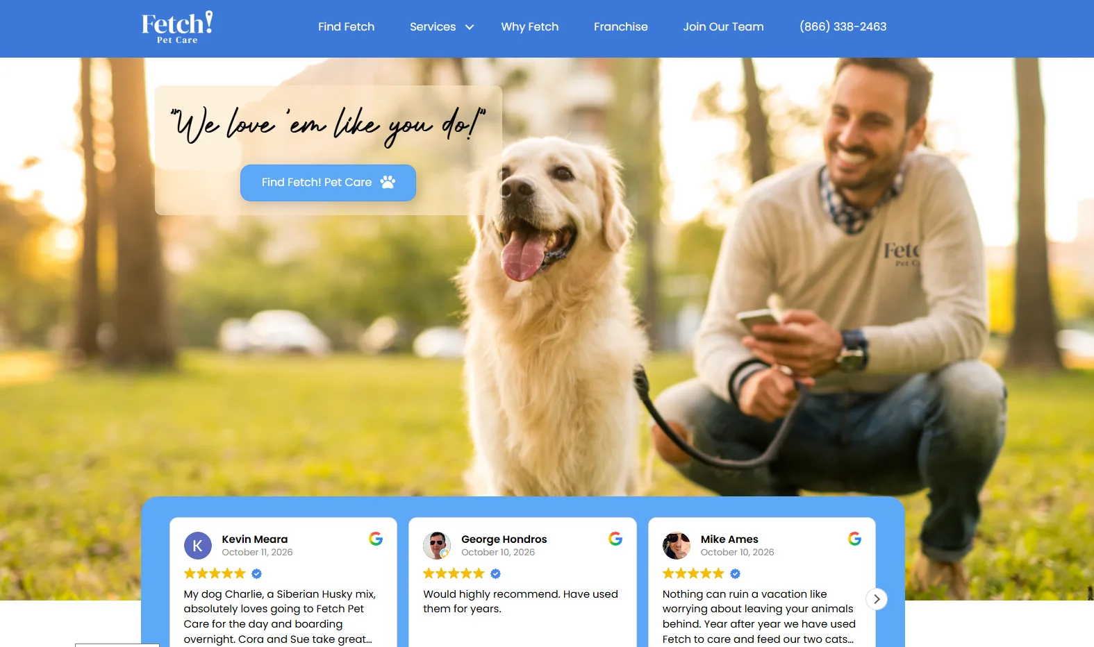 Fetch Pet Care homepage with a We love ’em like you do hero and customer reviews