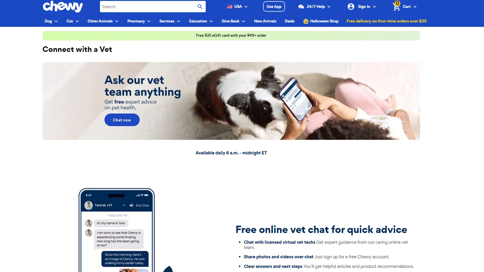 Chewy Connect with a Vet page with an Ask our vet team anything banner