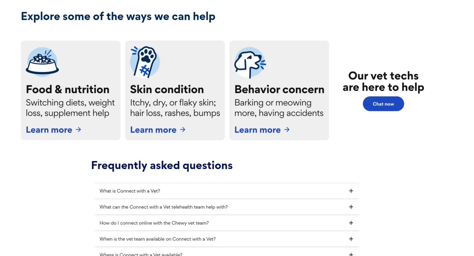 Chewy vet help topics for food and nutrition, skin condition and behavior with an FAQ list