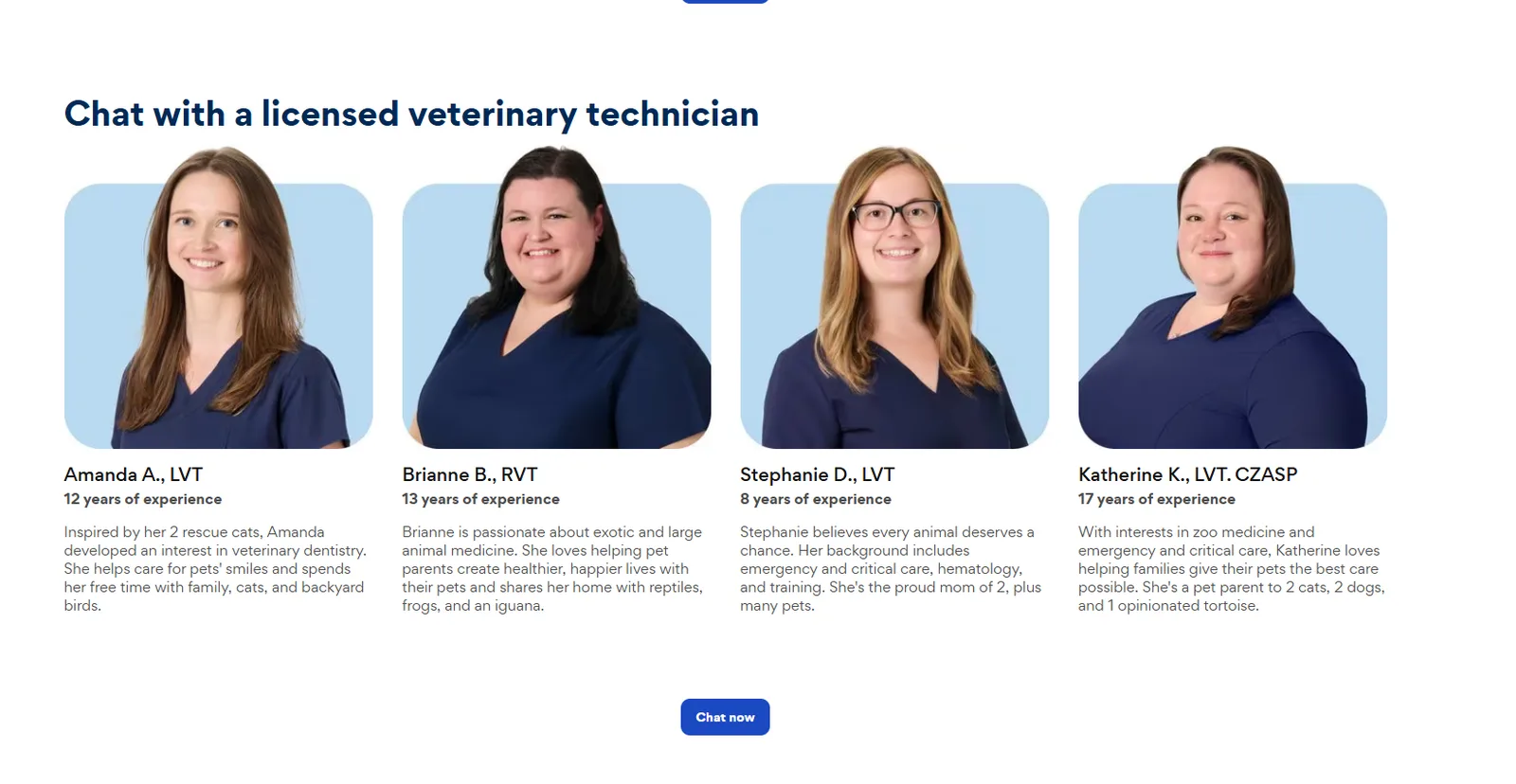 Chewy Chat with a licensed veterinary technician section with staff profiles