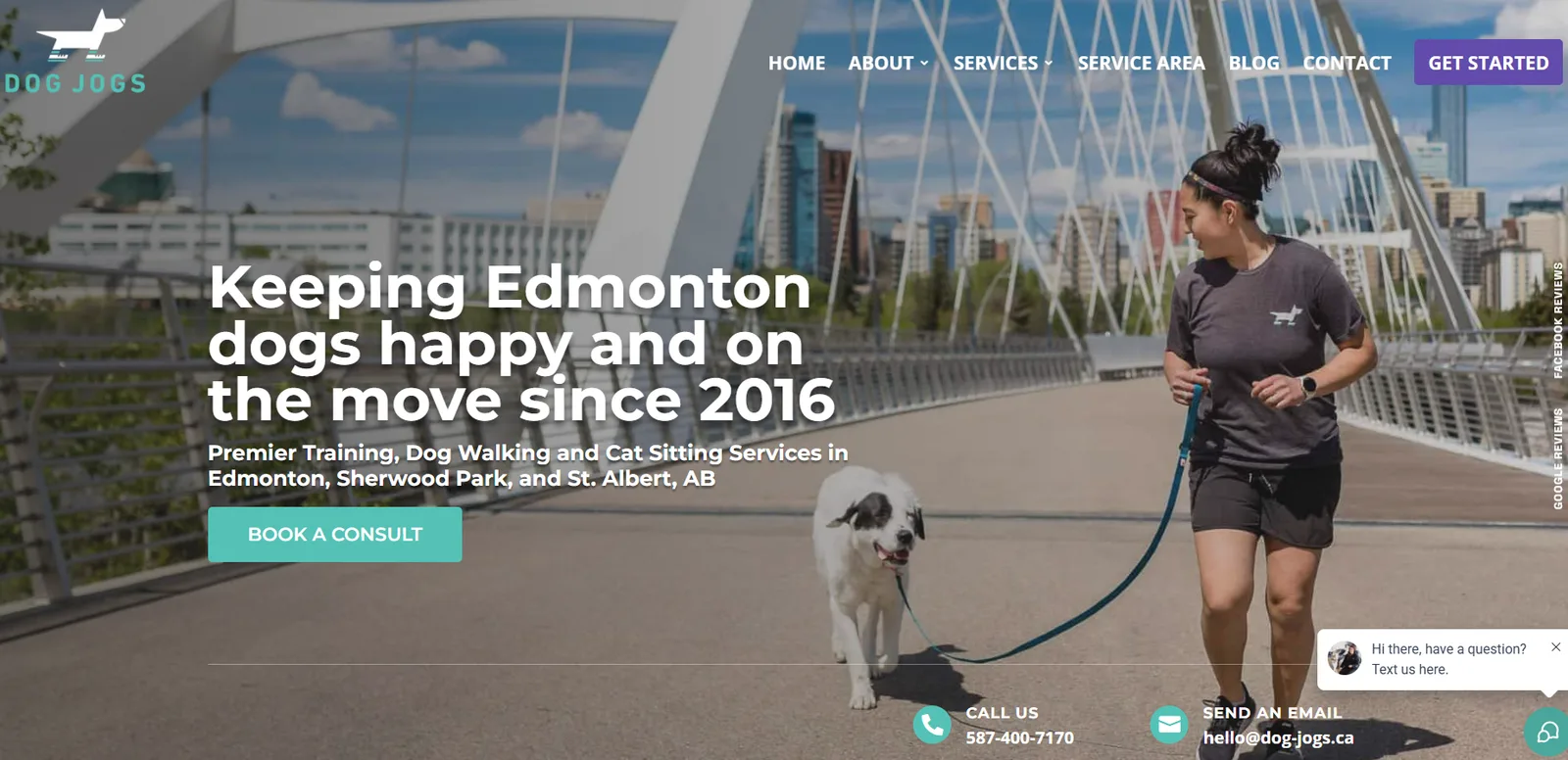 Dog Jogs homepage with a Keeping Edmonton dogs happy and on the move hero