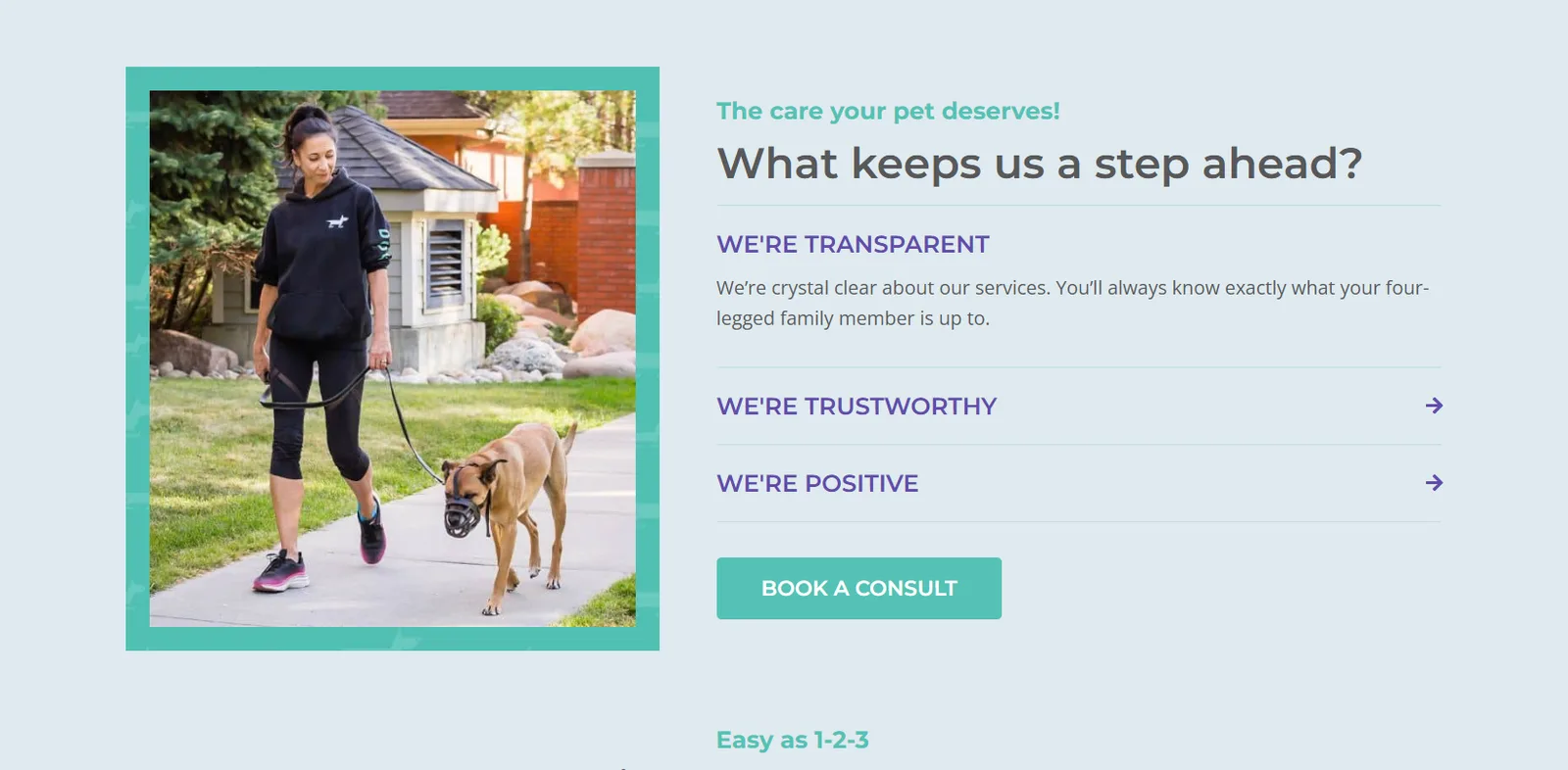 Dog Jogs What keeps us a step ahead section with a book a consult button
