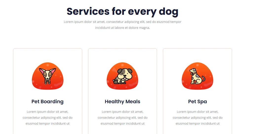 Anipat services cards for pet boarding, healthy meals and pet spa