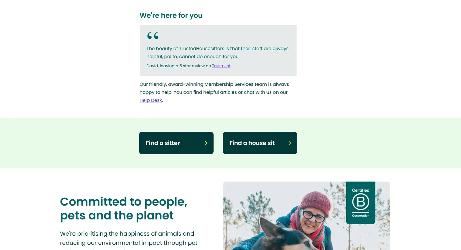 TrustedHousesitters testimonial and Committed to people, pets and the planet section