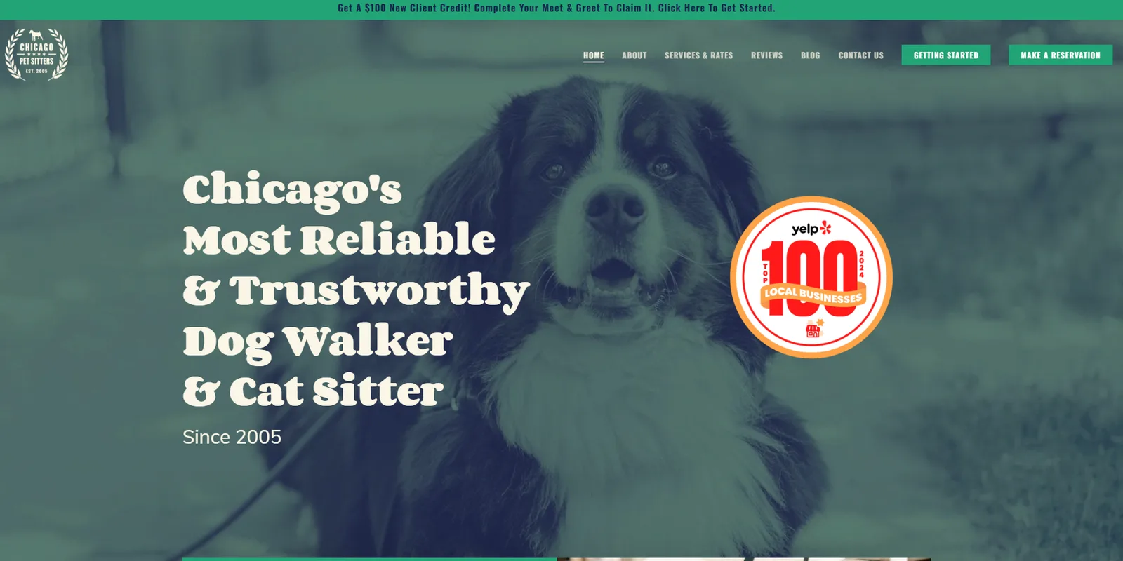 Chicago Pet Sitters homepage with a Most Reliable and Trustworthy Dog Walker and Cat Sitter hero